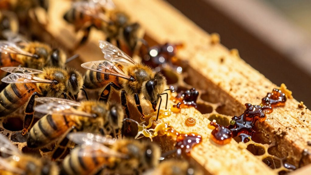 Biene produziert Propolis schützt den Bienenstock