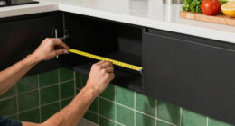 Black, Bold Cabinets and Dramatic Green Tiles Refresh This 2000s Kitchen
